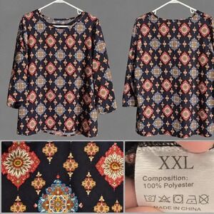 XXL Navy Boho Medallion Print Tunic Top